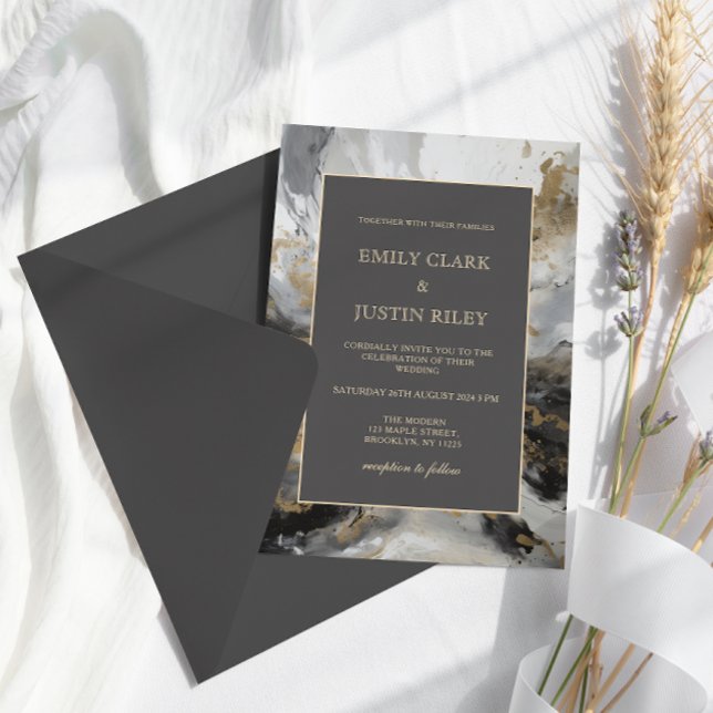 Invitation Mariage d'aquarelle artistique moderne Gold Anthra (Créateur téléchargé)