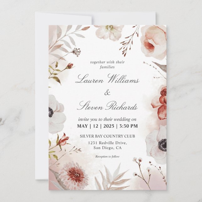 Invitation Mariage d'aquarelle automatique rose blanc personn (Devant)