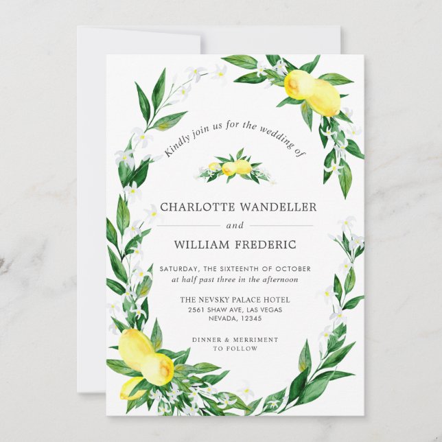 Invitation Mariage d'aquarelle aux citrons fleuris (Devant)