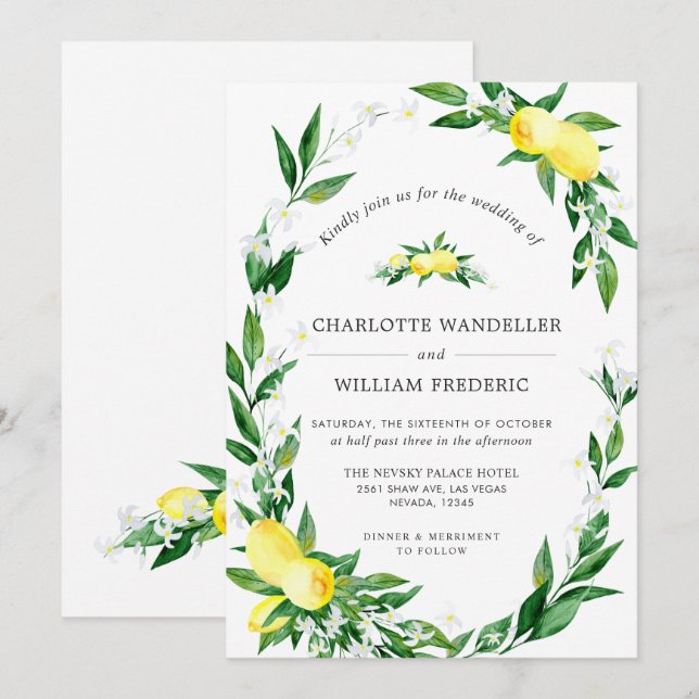 Invitation Mariage d'aquarelle aux citrons fleuris (Devant / Derrière)
