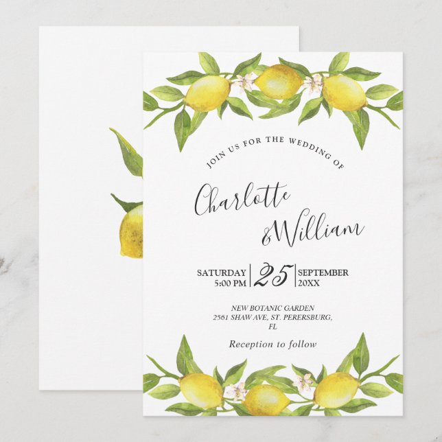 Invitation Mariage d'aquarelle aux citrons fleuris (Devant / Derrière)