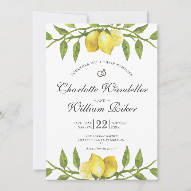 Invitation Mariage d'aquarelle aux citrons fleuris (Devant)