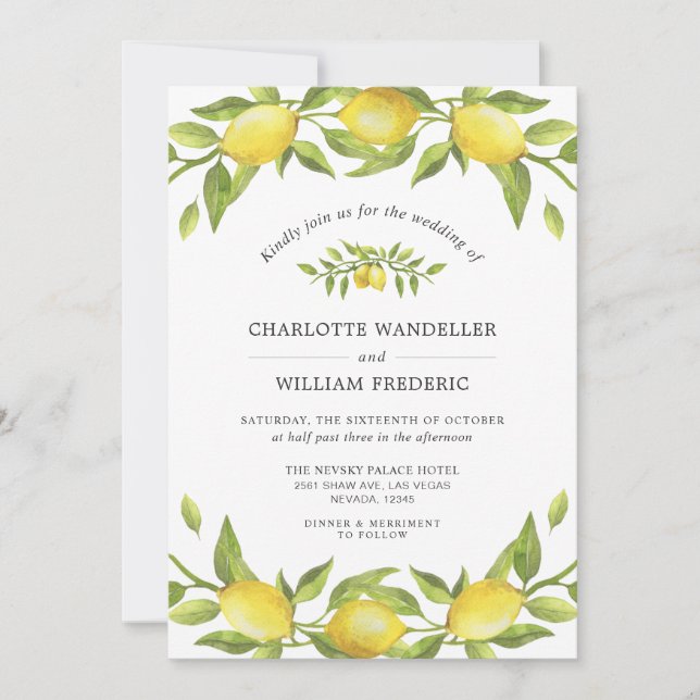 Invitation Mariage d'aquarelle aux citrons fleuris (Devant)