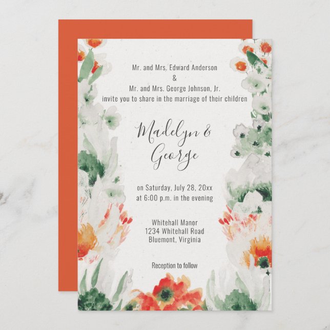 Invitation Mariage d'aquarelle blanc orange rustique (Devant / Derrière)