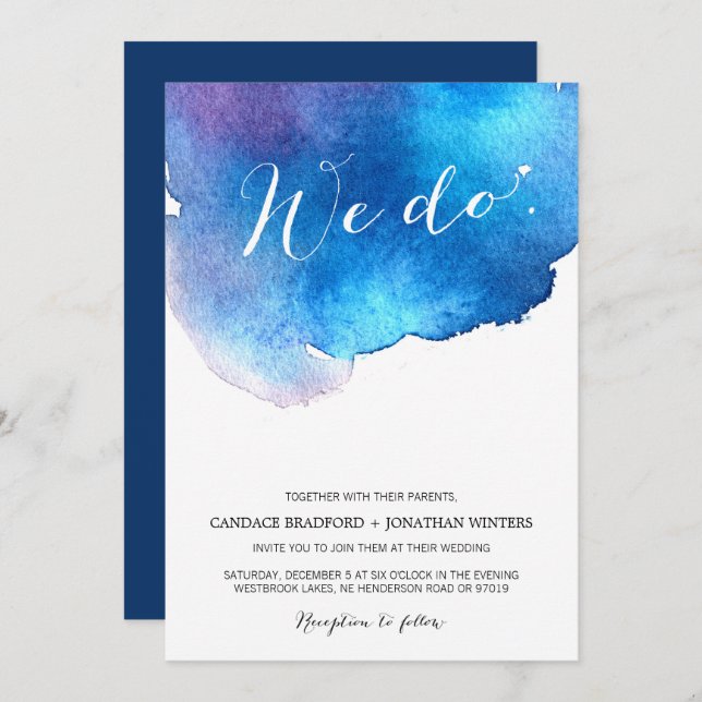 Invitation Mariage d'aquarelle bleu (Devant / Derrière)