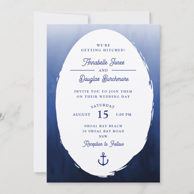 Invitation Mariage d'aquarelle bleu bleu blanc ovale (Devant)