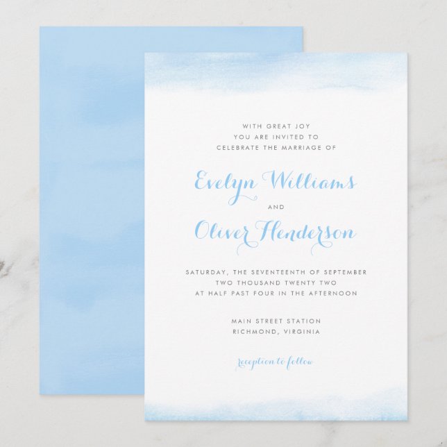 Invitation Mariage d'aquarelle bleu ciel (Devant / Derrière)