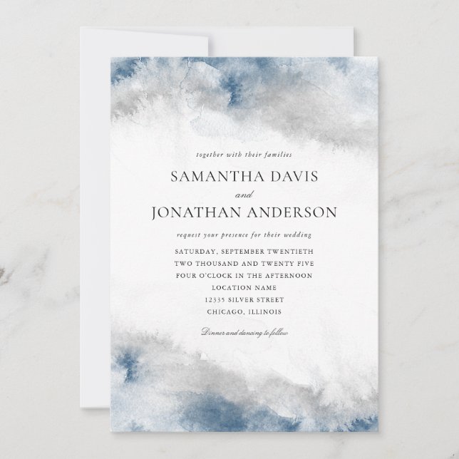 Invitation Mariage d'aquarelle bleu et gris Abstrait (Devant)