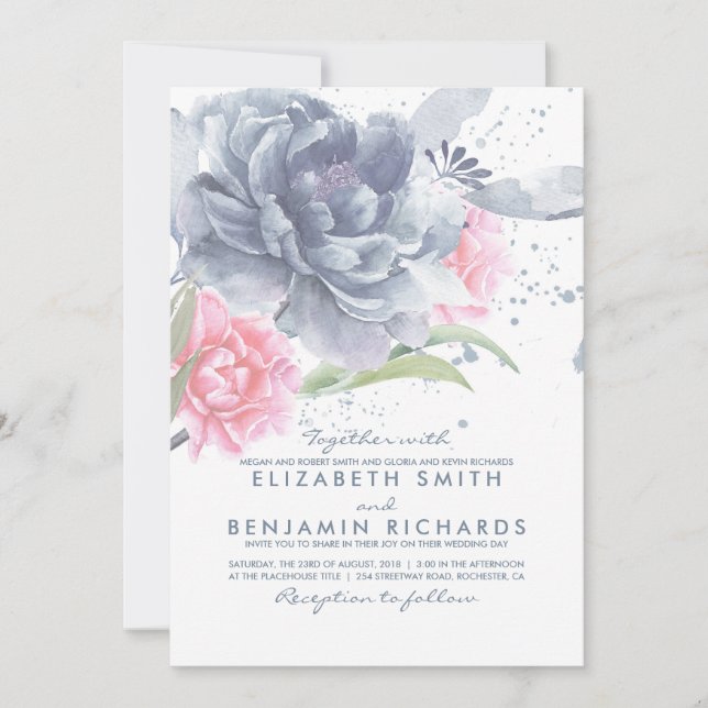 Invitation Mariage d'aquarelle bleu et rose (Devant)
