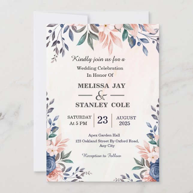 Invitation Mariage d'aquarelle bleu et rose pâle (Devant)
