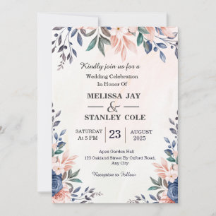 Invitation Mariage d'aquarelle bleu et rose pâle