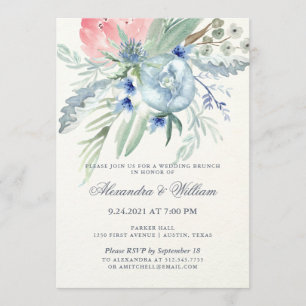 Invitation Mariage d'aquarelle bleu et rose Peony Brunch