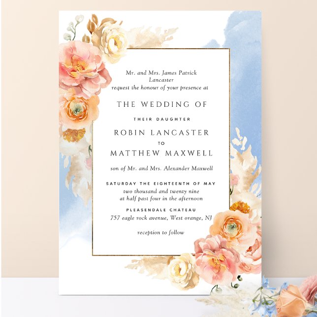 Invitation Mariage d'aquarelle bleu flou à la broche (Créateur téléchargé)