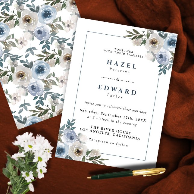 Invitation Mariage d'aquarelle bleu foncé (Dusty Blue Floral Watercolor Wedding Invitation)