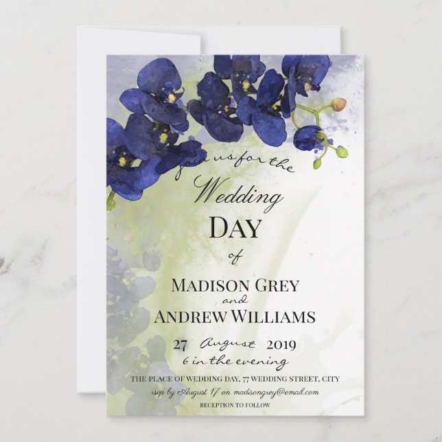 Invitation Mariage d'aquarelle bleu foncé orchidée (Devant)