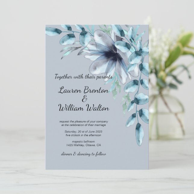 Invitation Mariage d'aquarelle bleu-gris floral (Debout devant)