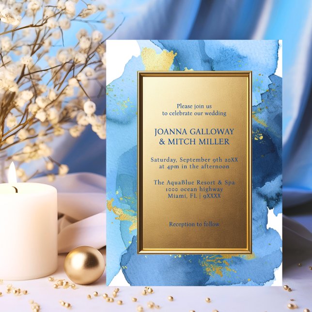 Invitation Mariage d'aquarelle bleu marine Abstrait (Modern Abstract Navy Blue Gold Watercolor Wedding Invitation)