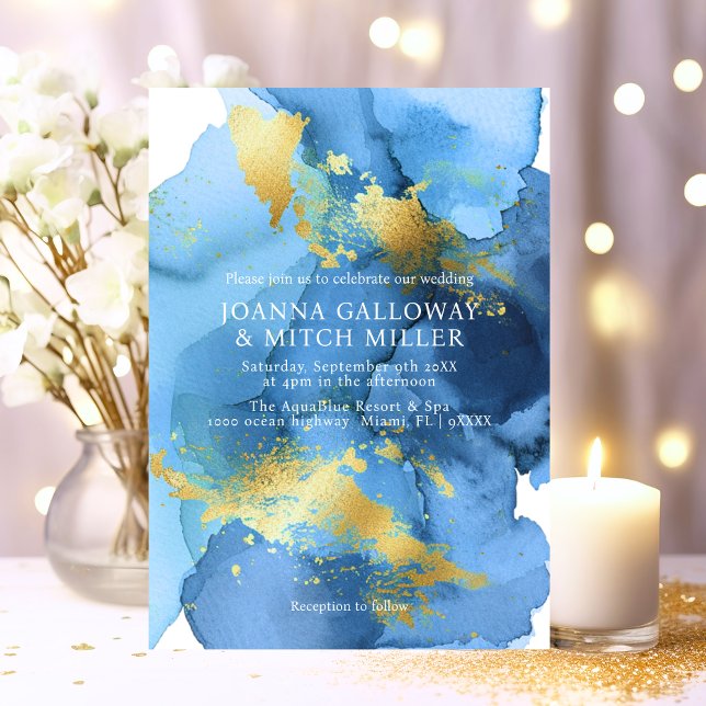 Invitation Mariage d'aquarelle bleu marine Abstrait (Modern Abstract Navy Blue Gold Watercolor Wedding Invitation)
