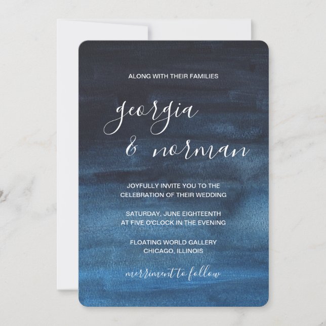 Invitation Mariage d'aquarelle bleu marine moderne (Devant)