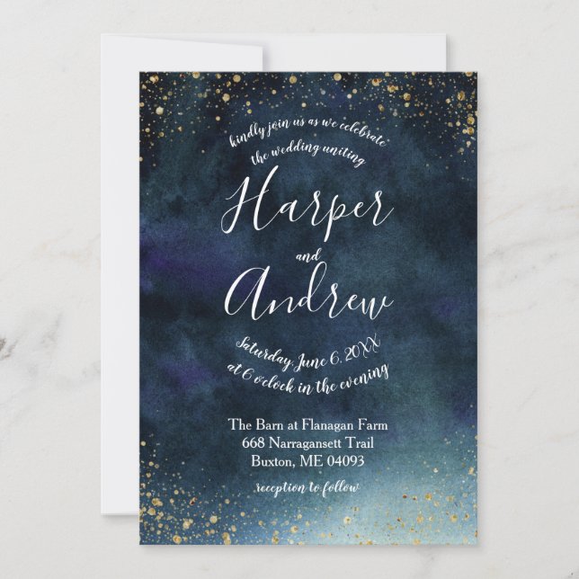 Invitation Mariage d'aquarelle bleu marine Starry Night (Devant)