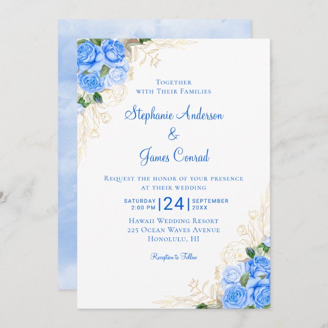 Invitation Mariage d'aquarelle bleu or (Devant / Derrière)