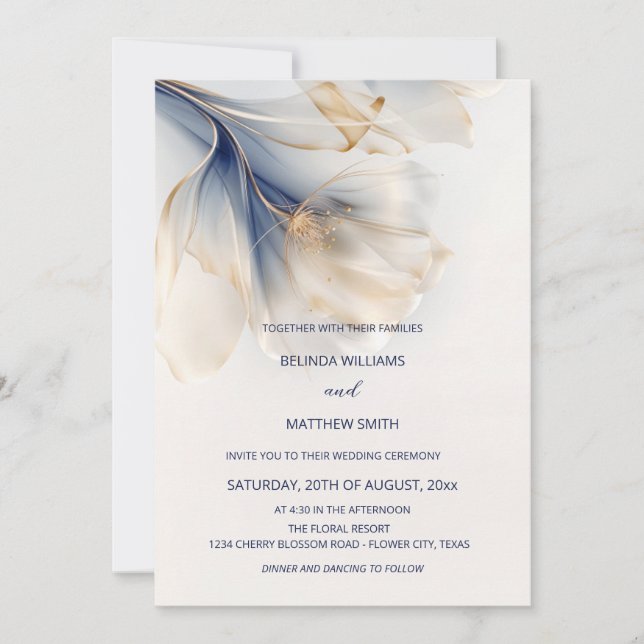 Invitation Mariage d'aquarelle bleu-or fumé (Devant)