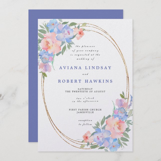 Invitation Mariage d'aquarelle bleu rose pâle (Devant / Derrière)