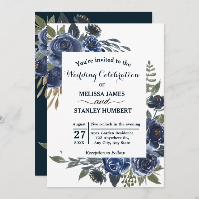 Invitation Mariage d'aquarelle bleu rustique Eucalyptus (Devant / Derrière)