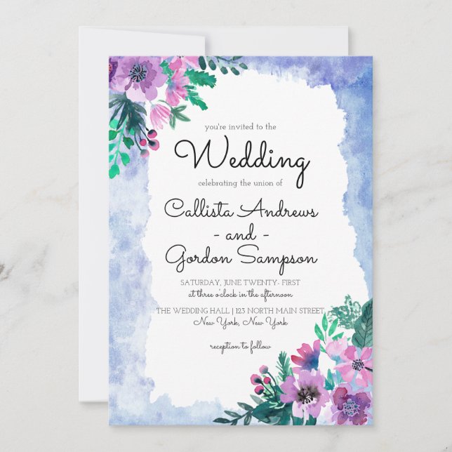 Invitation Mariage d'aquarelle bleu violet (Devant)