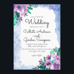Invitation Mariage d'aquarelle bleu violet<br><div class="desc">La faire-part de mariage élégante et moderne est parfaite pour un couple élégant et branché. Il présente de jolies fleurs d'aquarelle rose, violet et vert de forêt, de couleur champêtre et d'art peintes à la main, et des bouquets feuille sur un cadre bleu aquarelle et un simple arrière - plan...</div>