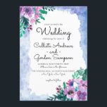Invitation Mariage d'aquarelle bleu violet<br><div class="desc">La faire-part de mariage élégante et moderne est parfaite pour un couple élégant et branché. Il présente de jolies fleurs d'aquarelle rose, violet et vert de forêt, de couleur champêtre et d'art peintes à la main, et des bouquets feuille sur un cadre bleu aquarelle et un simple arrière - plan...</div>