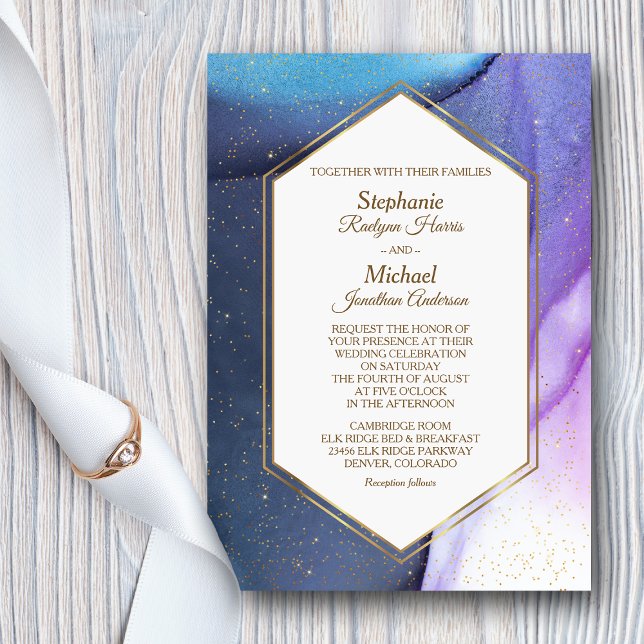 Invitation Mariage d'aquarelle bleu violet or Confetti (Créateur téléchargé)
