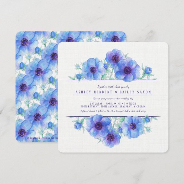 Invitation Mariage d'aquarelle botanique d'anémones bleues (Devant / Derrière)