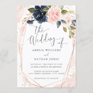 Invitation Mariage d'aquarelle botanique de la Marine rose