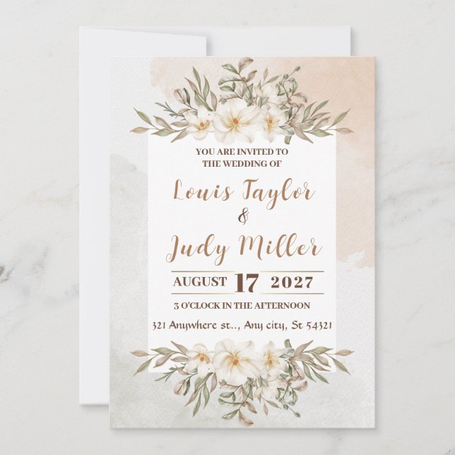 Invitation Mariage d'aquarelle Brown et crème (Devant)
