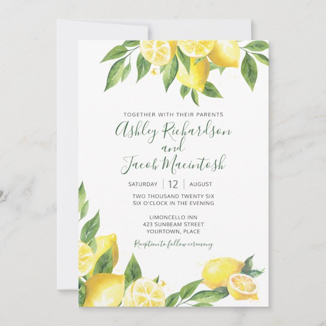 Invitation Mariage d'aquarelle citron (Devant)