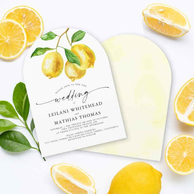 Invitation Mariage d'aquarelle Citrus citron (This absolutely beautiful citrus-themed design features a watercolor lemon branch at the top. )