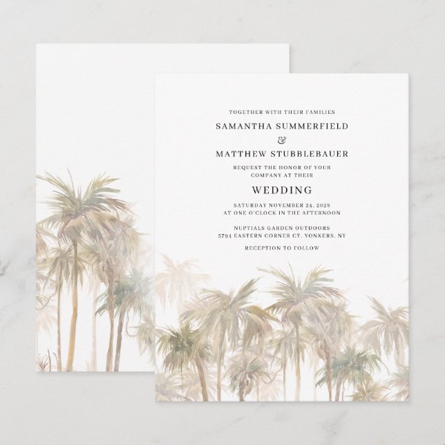 Invitation Mariage d'aquarelle côtière moderne Palm Trees (Devant / Derrière)