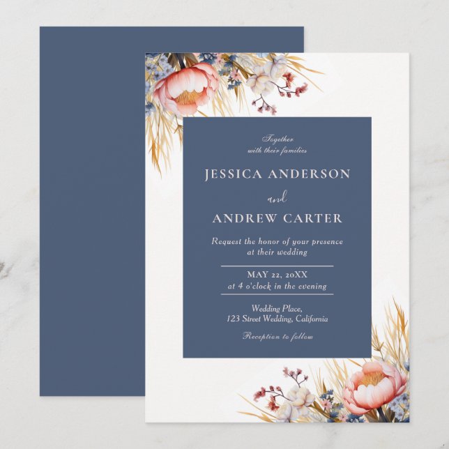 Invitation Mariage d'aquarelle couleur bleu et rose pâle (Devant / Derrière)