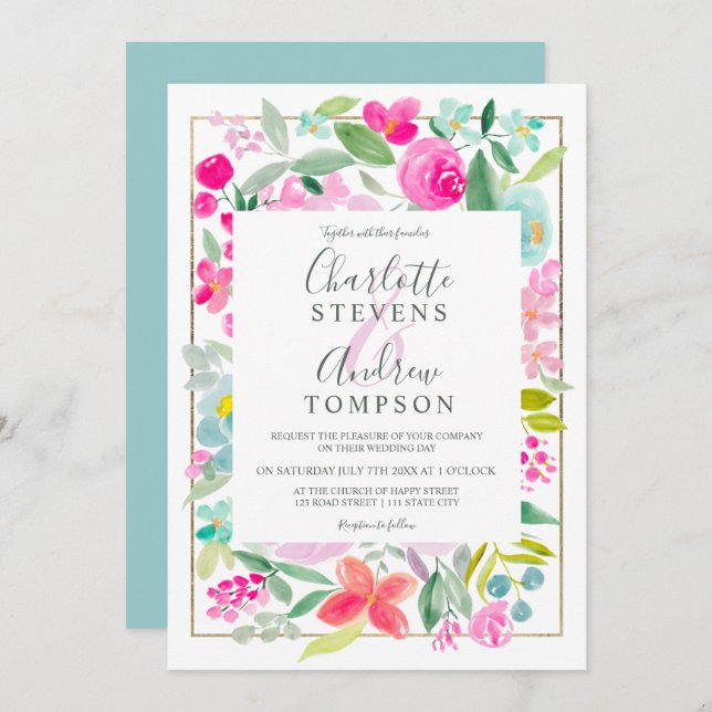 Invitation Mariage d'aquarelle couleur bleu rose (Devant / Derrière)