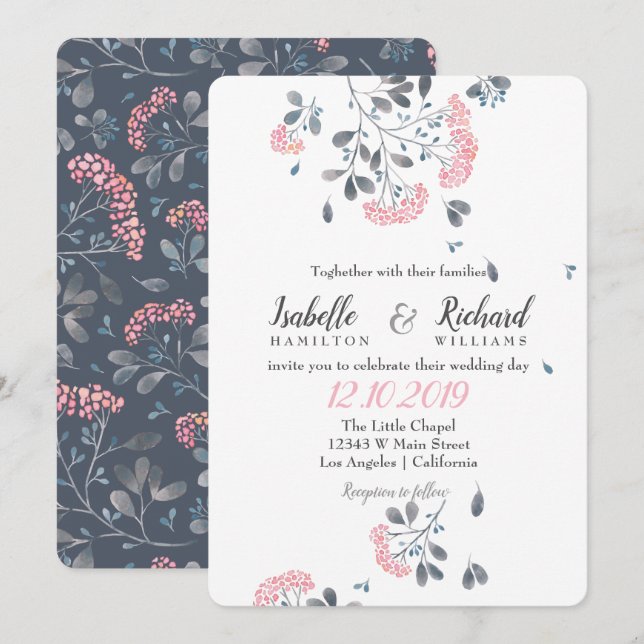 Invitation Mariage d'aquarelle couleur rose gris chic de prin (Devant / Derrière)