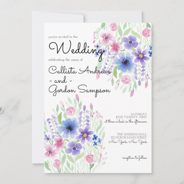 Invitation Mariage d'aquarelle couleur rose violet (Devant)