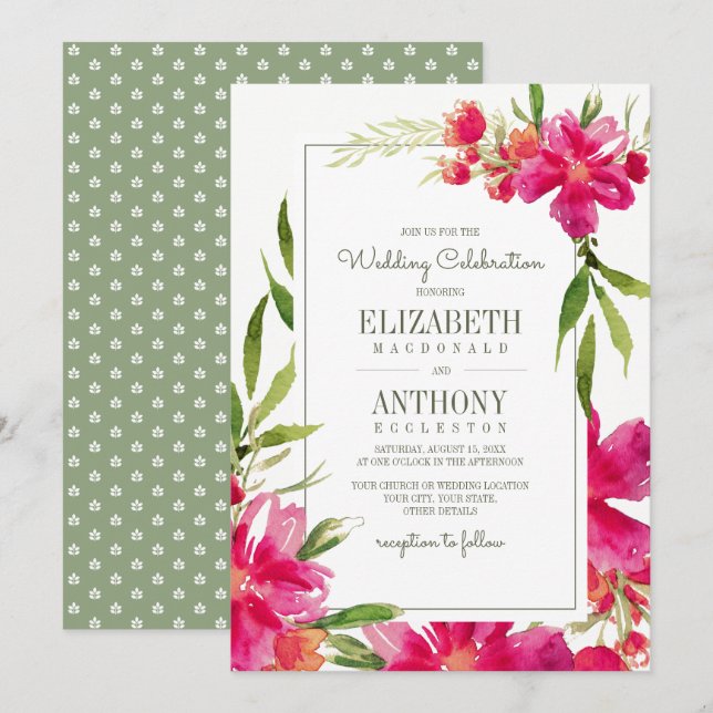 Invitation Mariage d'aquarelle couleur verte Fuchsia (Devant / Derrière)