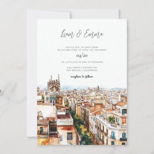 Invitation Mariage d'aquarelle de Barcelone (Devant)