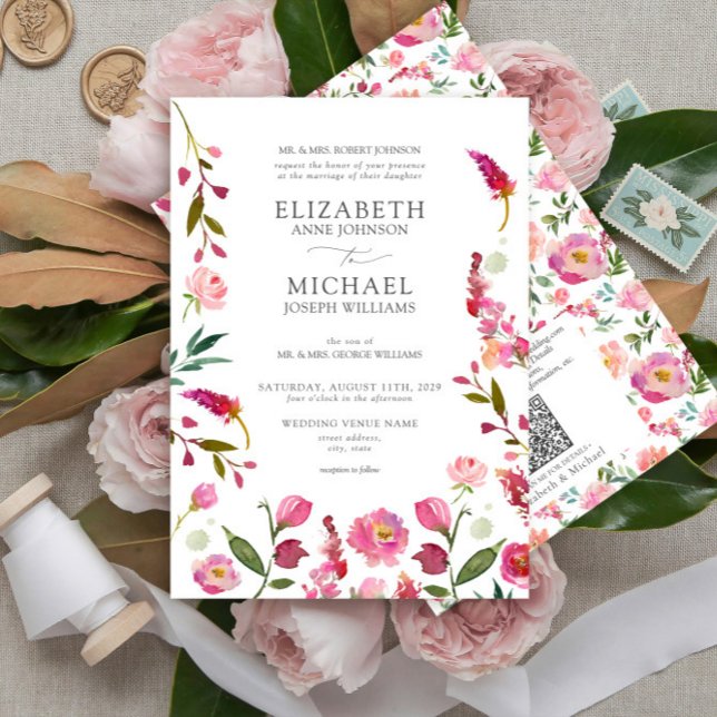 Invitation Mariage d'aquarelle de code QR rose classique (Créateur téléchargé)