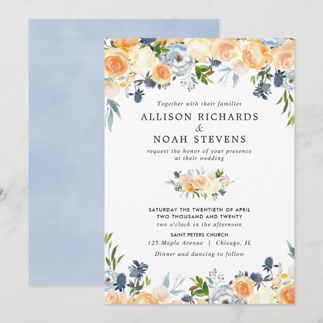 Invitation Mariage d'aquarelle de corail et de fleurs bleues (Devant / Derrière)