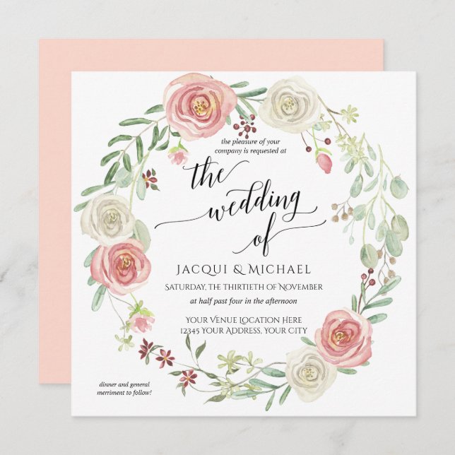 Invitation Mariage d'aquarelle de feuillage de Rose d'ivoire  (Devant / Derrière)