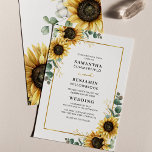 Invitation Mariage d'aquarelle de fleurs de tournesol Eucalyp<br><div class="desc">Faire-part de mariage géométrique de l'Eucalyptus floral de tournesol. Créez une carte de Faire-part de mariage moderne Sunflower Floral Budget avec ce modèle mignon avec un beau bouquet fleuri rustique, cadre d'effet or géométrique, avec une typographie simple et moderne. CONSEIL : Des cartes de suite mariage comme RSVP, des programmes...</div>