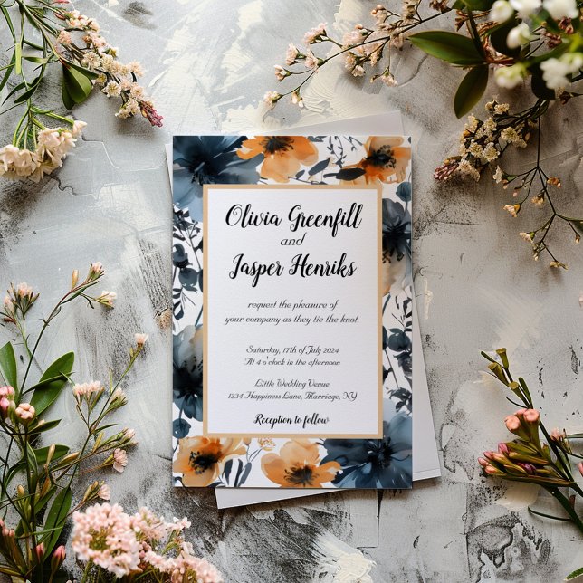 Invitation Mariage d'aquarelle de Fleurs noires et orange (Créateur téléchargé)