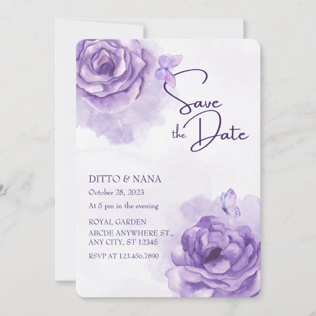 Invitation Mariage d'aquarelle de fleurs violettes (Devant)